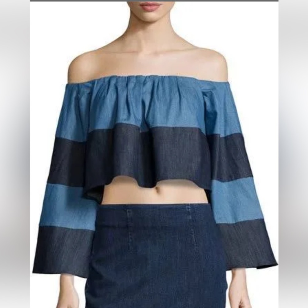 Kendall & Kylie for Neiman Marcus Off the Shoulder Denim Crop Top